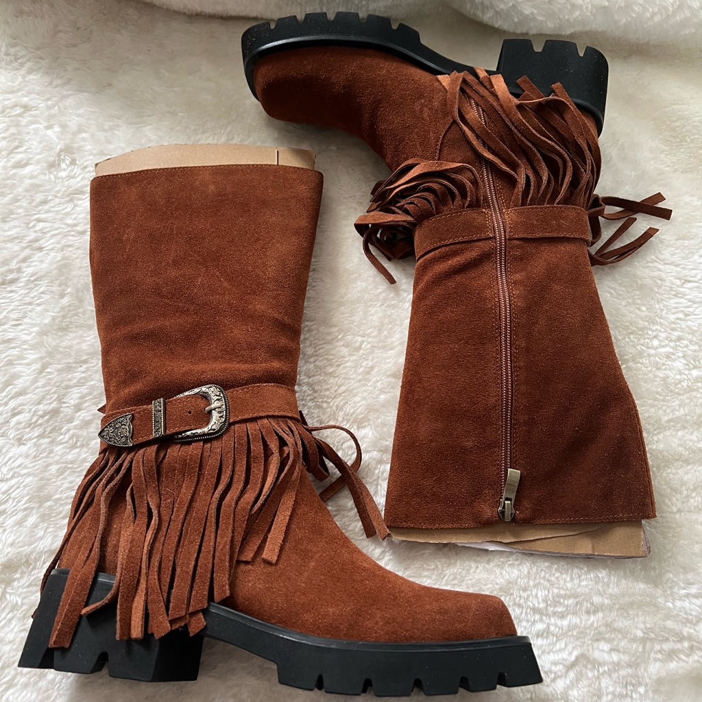 Fringe Suede Boots - Brown